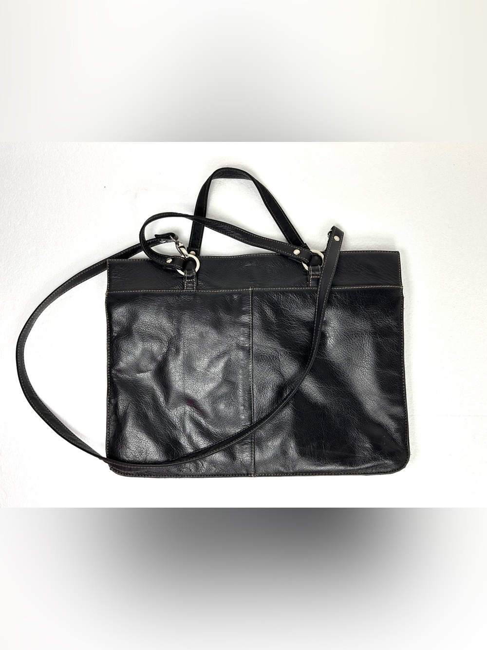 Vintage Marshall Fields Black Leather Multi Compartment Large Tote
